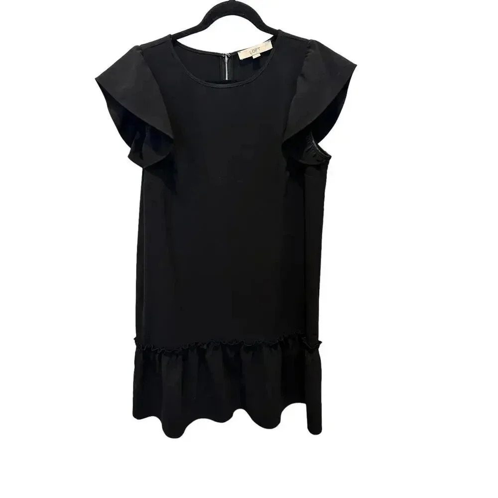Ann Taylor LOFT Women Black Short Sleeve Crew Neck Back Zip Ruffle Dress Size M